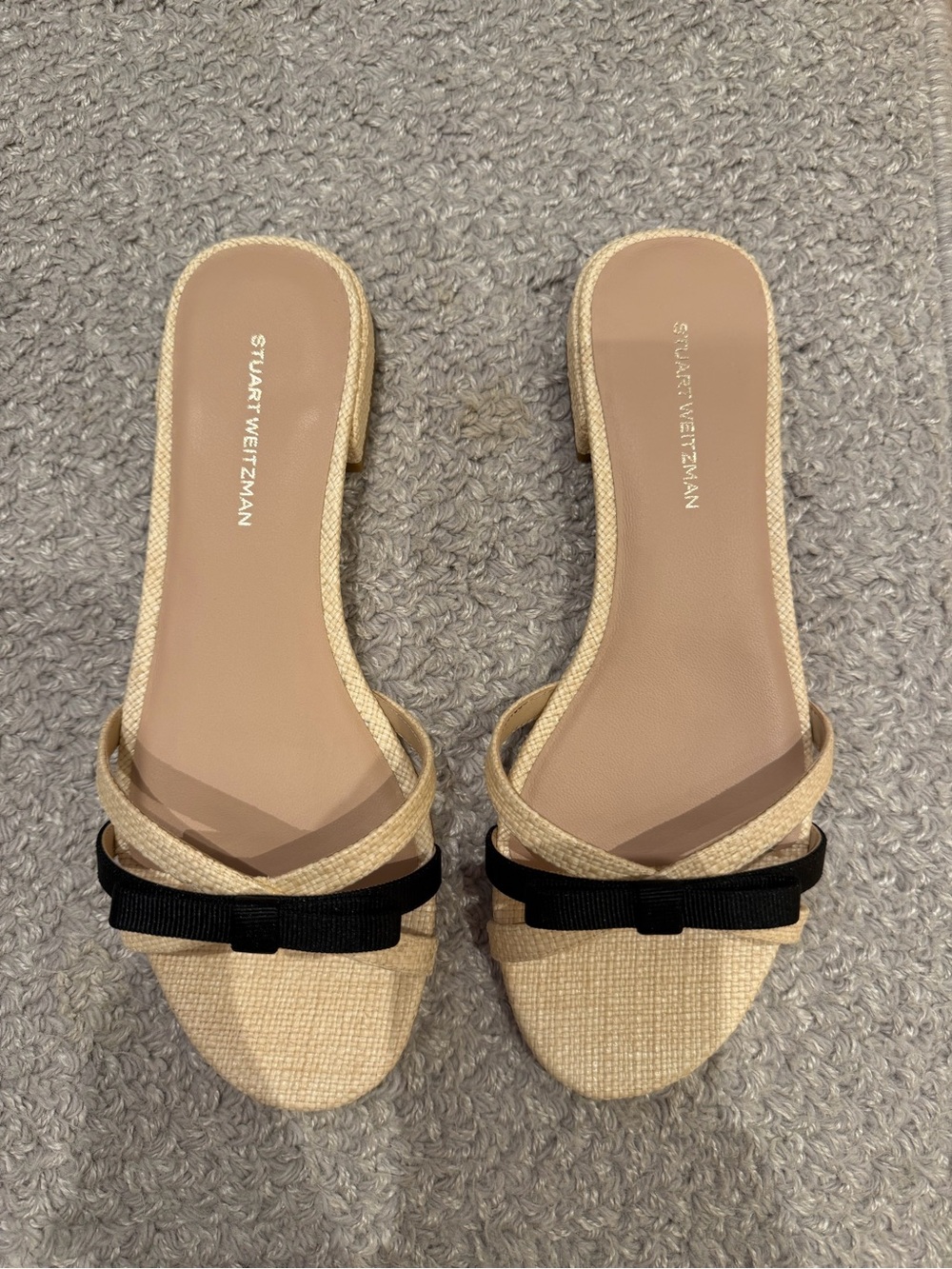 Stuart Weitzman Natural Raffia Slide Mules with Black Bow